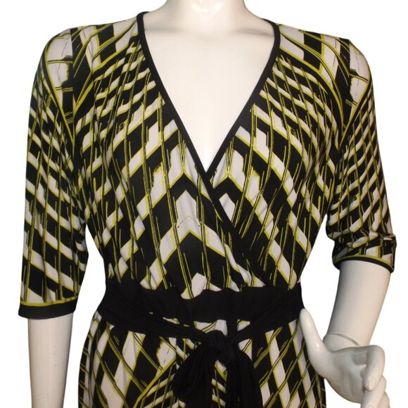 CALVIN KLEIN Dress, 12, Geometric, Half sleeve, Sash/Belt, Chartreuse/Black - Picture 2 of 11